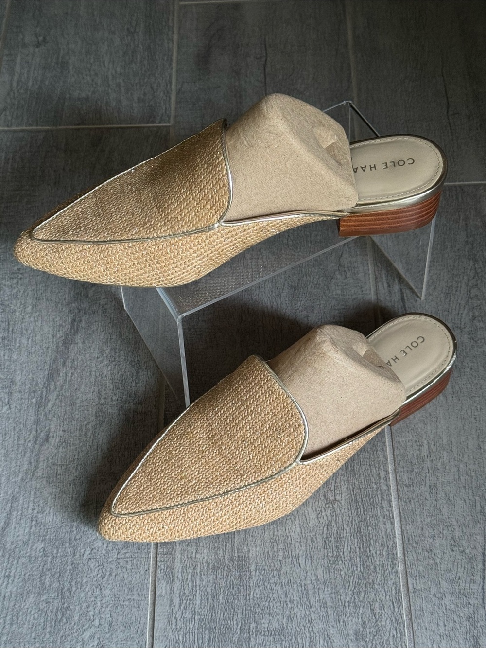 Cole Haan Tan Raffia Pointed-Toe Slip-On Mules with Metallic Trim